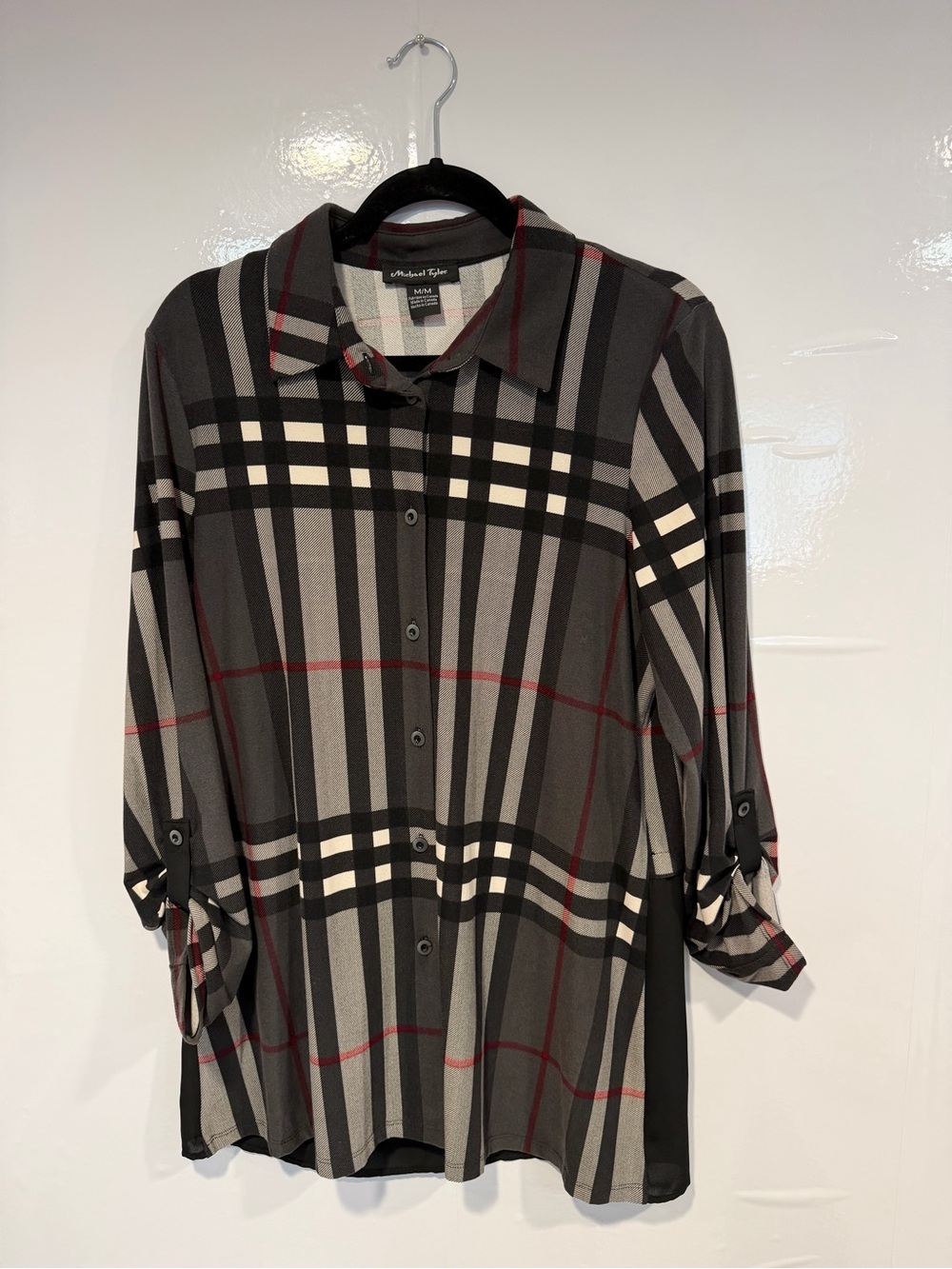 Michael Tyler Plaid Button Up Shirt Black Gray Cream Roll Tab Sleeve Womens M